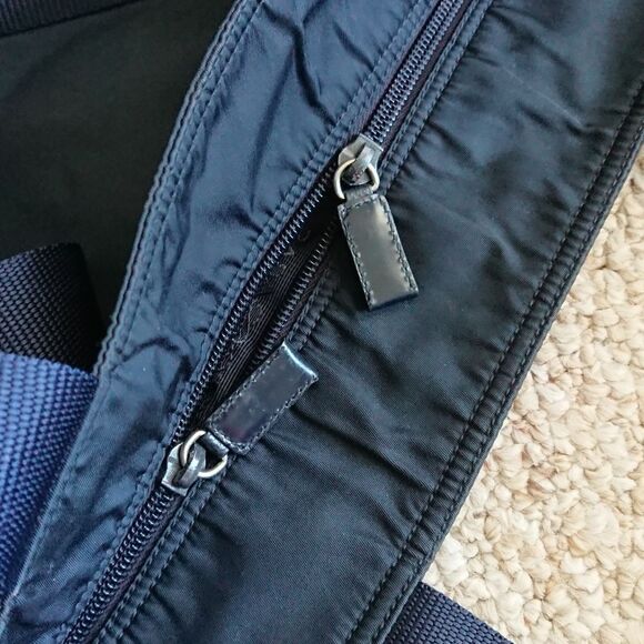 Black Prada nylon fabric with navy blue double handles tote - Picture 3 of 16